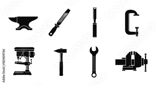 Blacksmith and workshop tools icons: anvil, hammer, wrench, and more