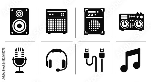 Set of music and audio equipment icons in black silhouette style