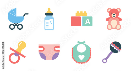 Colorful baby essentials collection with toys and accessories in flat design