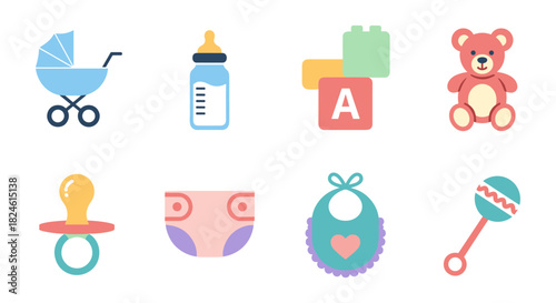 Colorful baby essentials icons set in flat design style for nursery decor