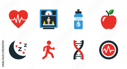 Fitness and health icons set featuring heartbeat, running, and nutrition symbols