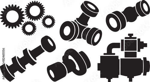 Assortment of Black Silhouettes of Mechanical Parts and Gears on a White Background cogwheel