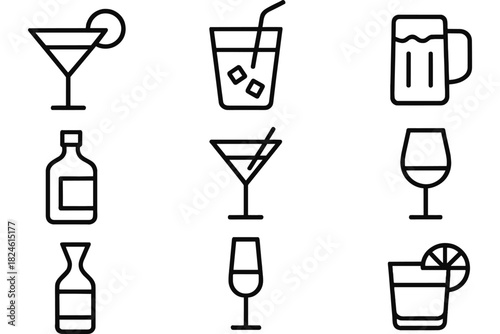 Minimalist line art icons of alcoholic beverages for modern design projects