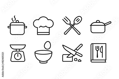Minimalist kitchen tools line art icons set: elegant cooking essentials
