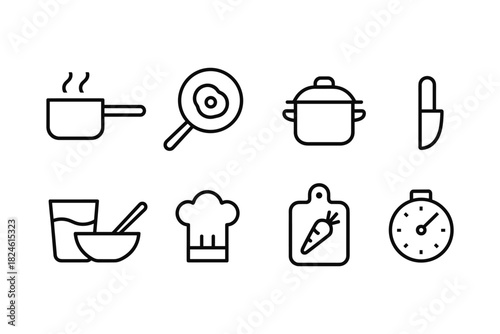 Minimalist cooking icons: kitchen set with pan, pot, knife, and chef hat