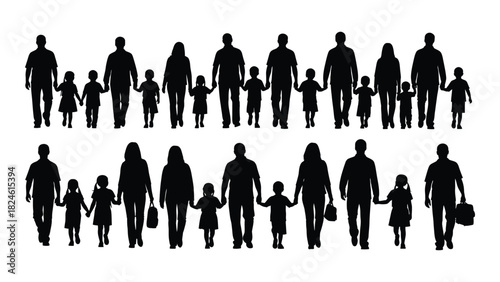 Family silhouettes walking isolated on white background, Vector