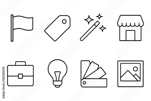 Simple linear icons for business and creativity with office and shopping elements