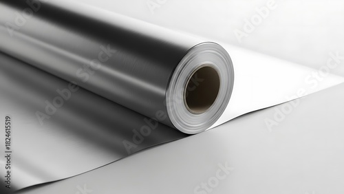 Close up of a roll of shiny metallic aluminum foil on a white background