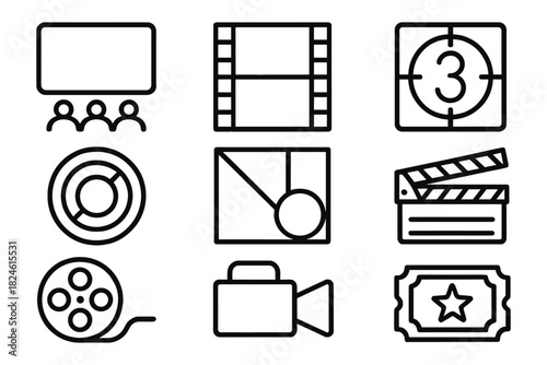 Cinema icons collection: linear style entertainment and film elements