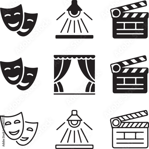 Grid of nine black and white icons related to theater and film production Keywords: theater, drama, comedy, masks, happy, sad, spotlight, stage, curtains, theater curtains, film, movie