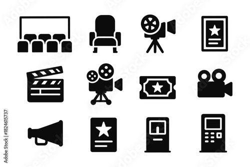 Cinema icons collection: movie, theater, ticket, and camera symbols in bold silhouette style