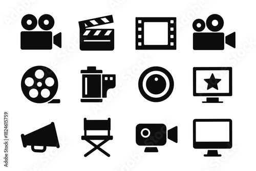 Cinema icons set: classic movie equipment symbols for film makers