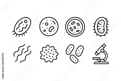 Outline microorganisms and microscopic elements in simple black and white style