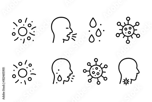 Outline icons of sneezing, virus, and weather elements for health awareness designs