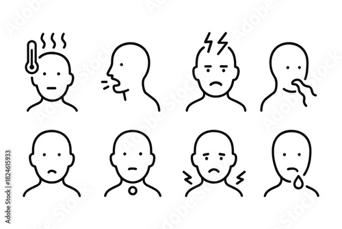 Line art illustrations of facial expressions for common cold and flu symptoms