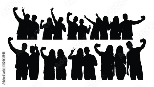 Silhouettes of young people taking selfies isolated on white background, Vector