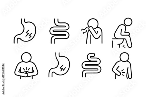 Minimalist line icons depicting common digestive health issues