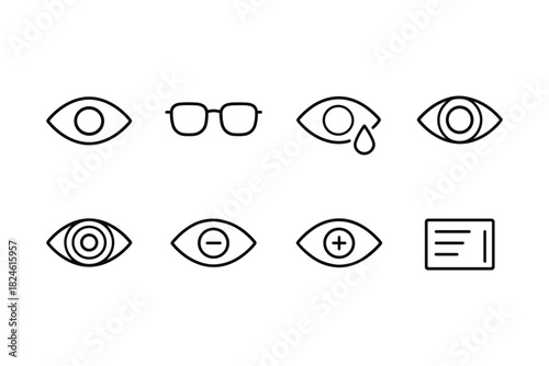 Minimalist eye icons set: glasses, vision symbols, and eye health in linear style