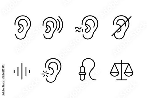 Hearing icon set: line art ear symbols for audio and deaf awareness