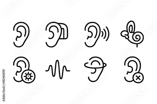 Ear health and sound waves: minimalist set of linear ear icons
