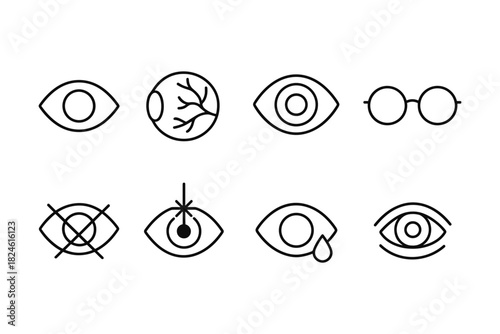 Minimalist eye icon set with glasses and vision symbols in linear style