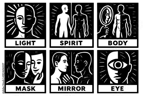 Abstract human figures with masks, mirrors, and eyes in black and white panels