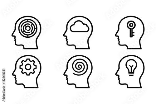 Minimalist head icons depicting concepts like maze, cloud, key, gear, spiral, and lightbulb