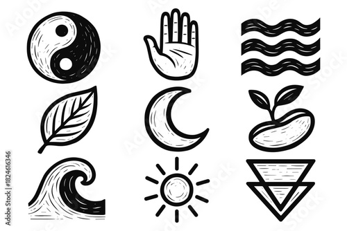 Set of hand drawn element symbols: yin yang, hand, moon, sun, leaf, seedling, water, triangle