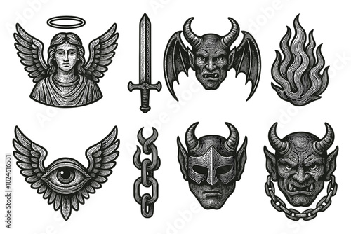 Intricate black and white tattoo style mythical and occult symbols