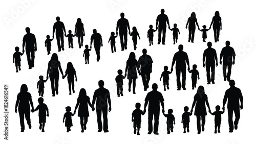 Family silhouettes walking together isolated on white background, Vector