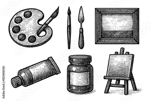 Vintage art tools set: palette, brushes, canvas and more in hand-drawn style