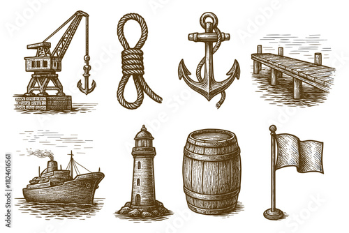 Vintage nautical elements: anchor, lighthouse, ship, rope, and more in engraved style
