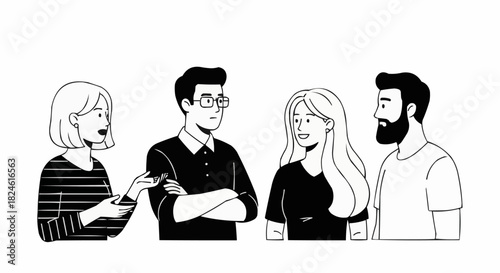 Four diverse individuals engaged in conversation and discussion.