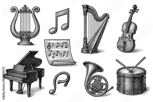 Vintage musical instrument collection: lyre, harp, and classical instruments in engraved style