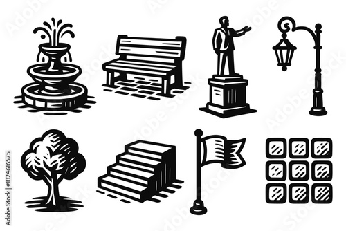 Classic urban icons: silhouette collection of park elements and structures