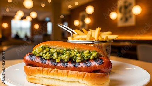 A gourmet grilled hot dog with vibrant green relish and a side of crispy french fries served on a white plate in a restaurant setting.