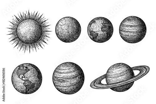 Vintage celestial bodies engraving art: sun and planets collection