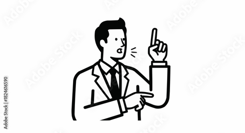 Line art illustration of a businessman explaining a concept.