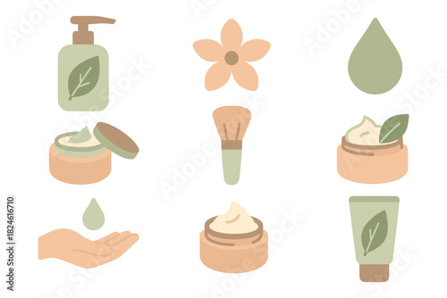 Eco-friendly skincare icons with natural beauty products and minimalist design