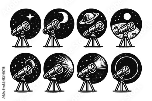 Vintage telescopes gazing at astronomical night themes in monochrome art