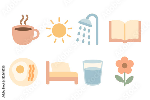 Minimalist morning routine icons: coffee, sunshine, shower, book, breakfast, bed, water, flower