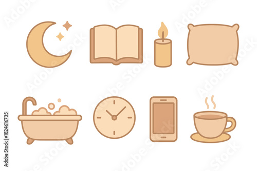 Minimalist night routine icons: relaxation and comfort essentials in soft pastel style