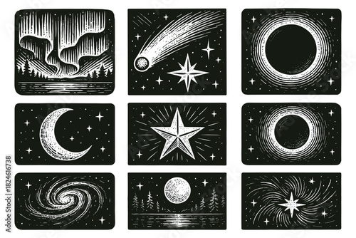 Celestial magic: hand-drawn night sky collection with stars and moon phases