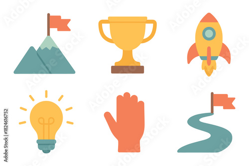 Achievement icons set: trophy, rocket, mountain, lightbulb, path, victory