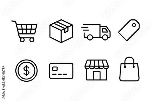 Essential shopping and delivery icons in linear style