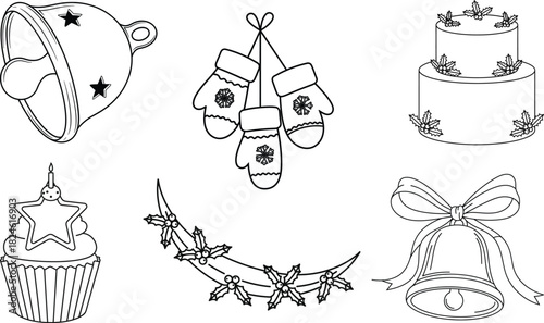 Hand drawn Christmas elements collection tree bell bow mistletoe hat mitten stockings gift