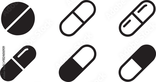 Black and White Silhouettes of Pills and Capsules on White Background vector illustration