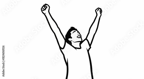 Man celebrates victory with arms raised high in the air.
