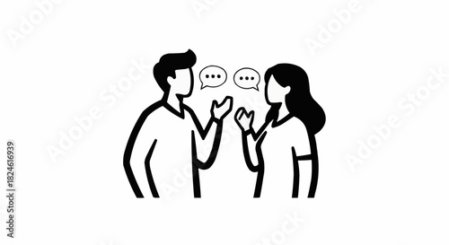 Illustration of two people having a conversation with speech bubbles.