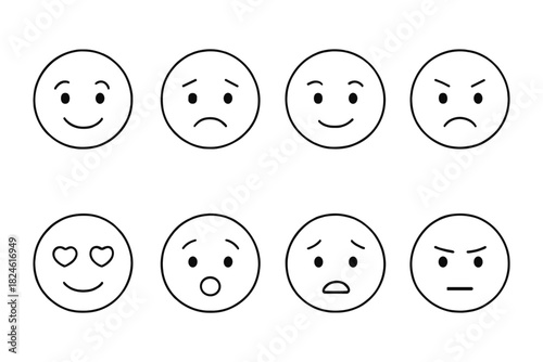 Set of simple linear emojis depicting various facial expressions and emotions